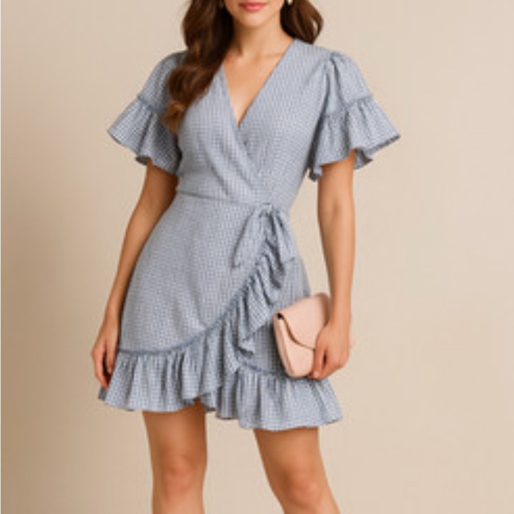 Max Studio Wrap Dress Womens Blue Gingham‎ Check Cottagecore Ruffle Milkmaid XS